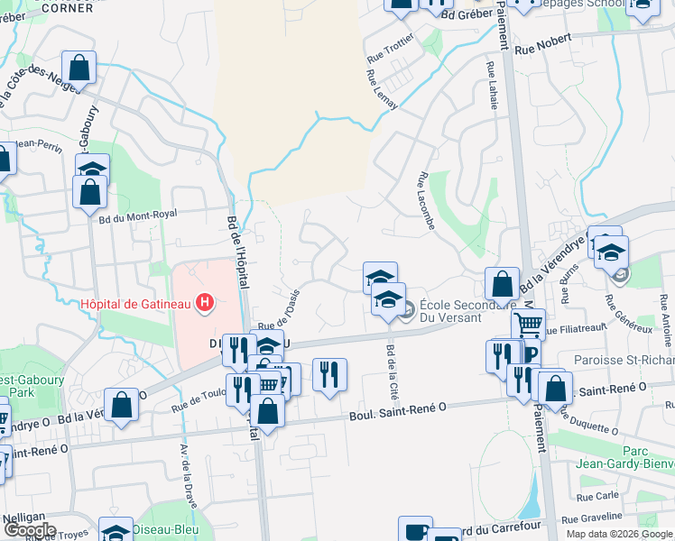map of restaurants, bars, coffee shops, grocery stores, and more near 8 Rue du Sahara in Gatineau