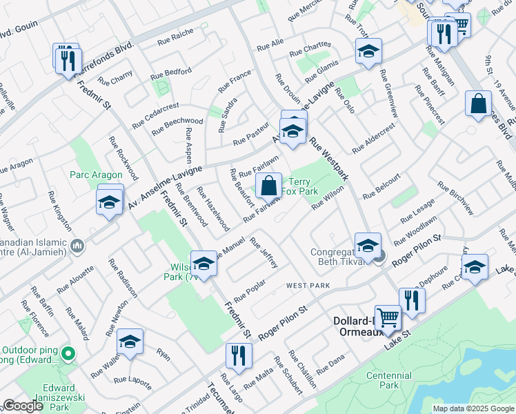 map of restaurants, bars, coffee shops, grocery stores, and more near 140 Rue Fairview in Dollard-des-Ormeaux