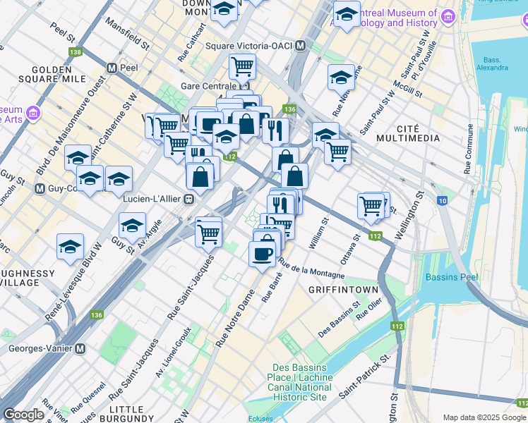 map of restaurants, bars, coffee shops, grocery stores, and more near 650 Rue Jean d'Estrées in Montréal