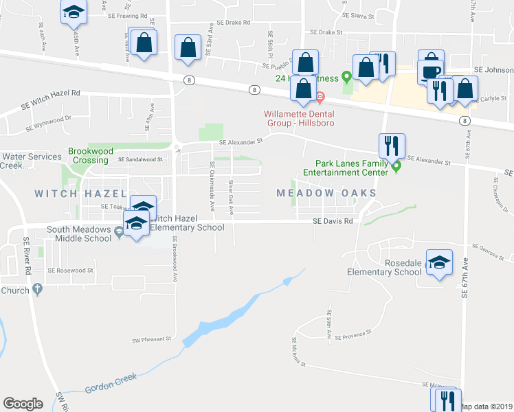 map of restaurants, bars, coffee shops, grocery stores, and more near 5396 Southeast Thornapple Street in Hillsboro