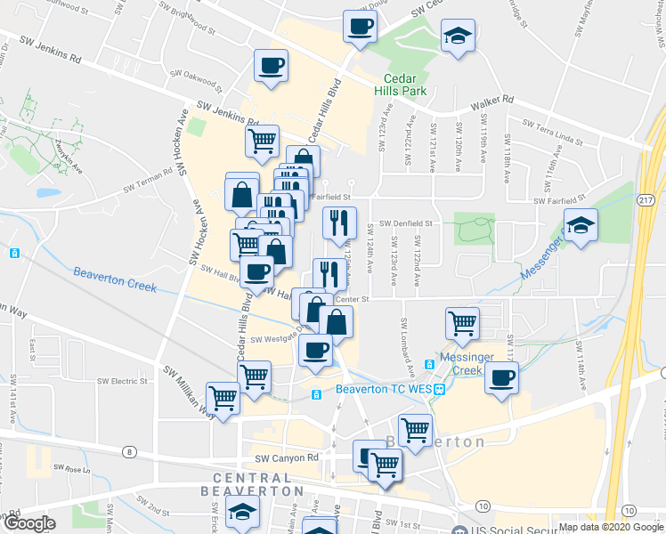 map of restaurants, bars, coffee shops, grocery stores, and more near 12555 Southwest Colony Lane in Beaverton