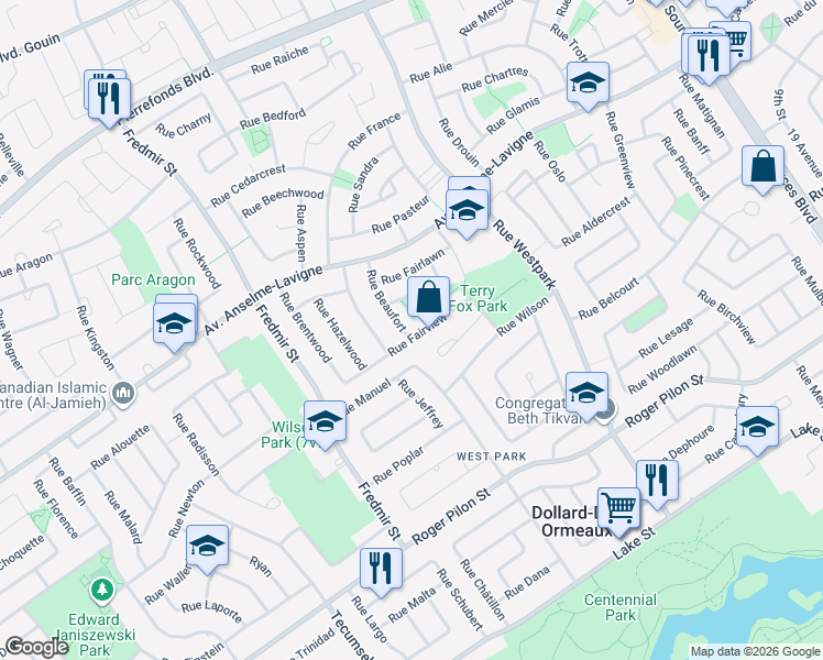 map of restaurants, bars, coffee shops, grocery stores, and more near 140 Rue Fairview in Dollard-des-Ormeaux