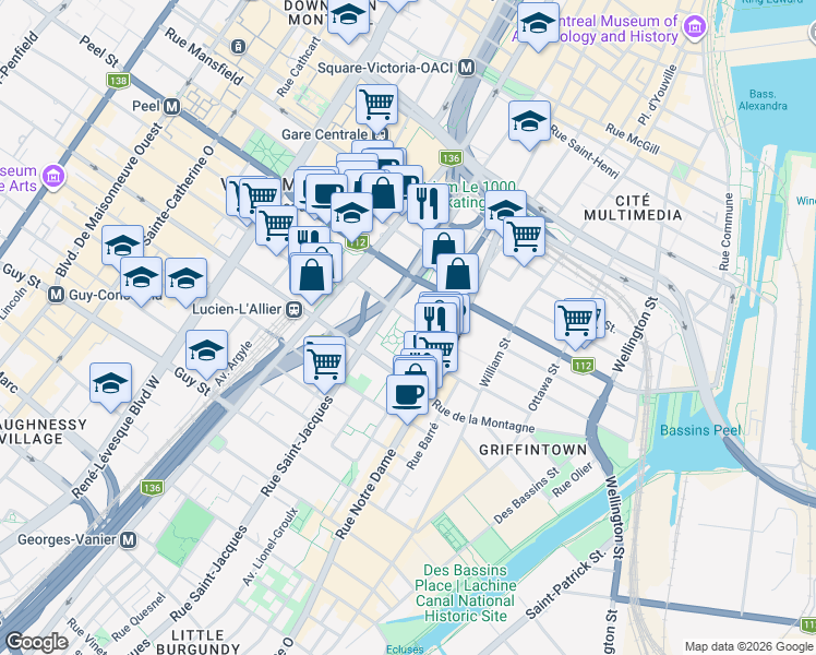 map of restaurants, bars, coffee shops, grocery stores, and more near 650 Rue Jean d'Estrées in Montréal