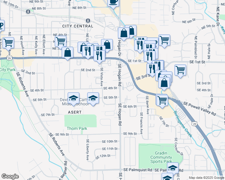 map of restaurants, bars, coffee shops, grocery stores, and more near 1637 Southeast 4th Street in Gresham