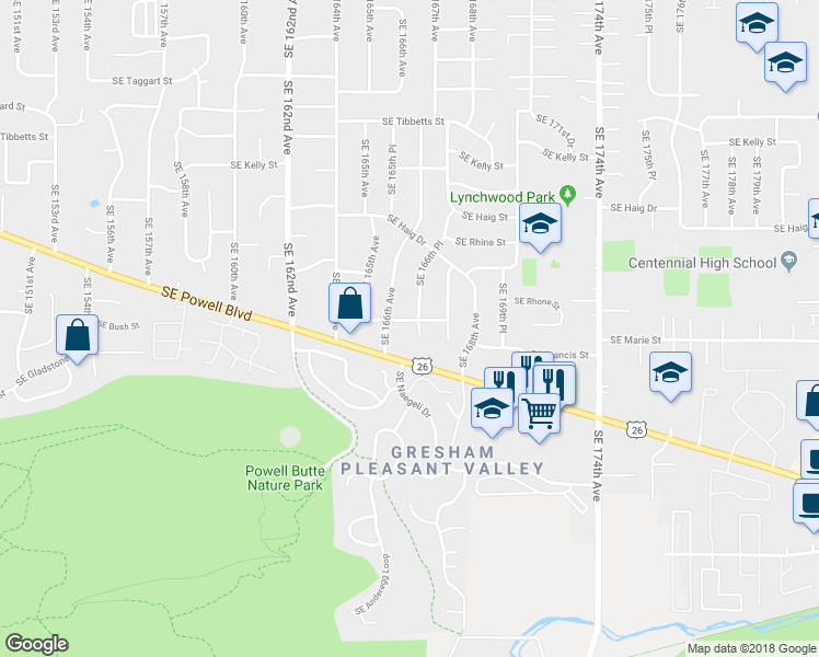 map of restaurants, bars, coffee shops, grocery stores, and more near 16680 Southeast Bush Street in Portland