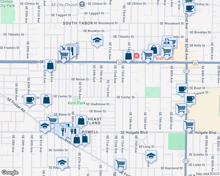 map of restaurants, bars, coffee shops, grocery stores, and more near 3805 Southeast 71st Avenue in Portland