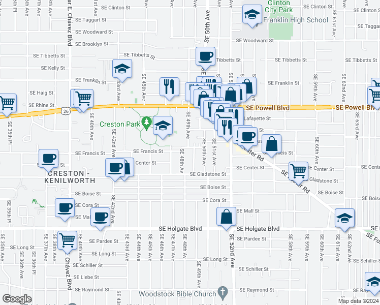 map of restaurants, bars, coffee shops, grocery stores, and more near 4808 Southeast Bush Street in Portland