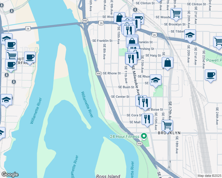 map of restaurants, bars, coffee shops, grocery stores, and more near 909-911 Southeast Bush Street in Portland