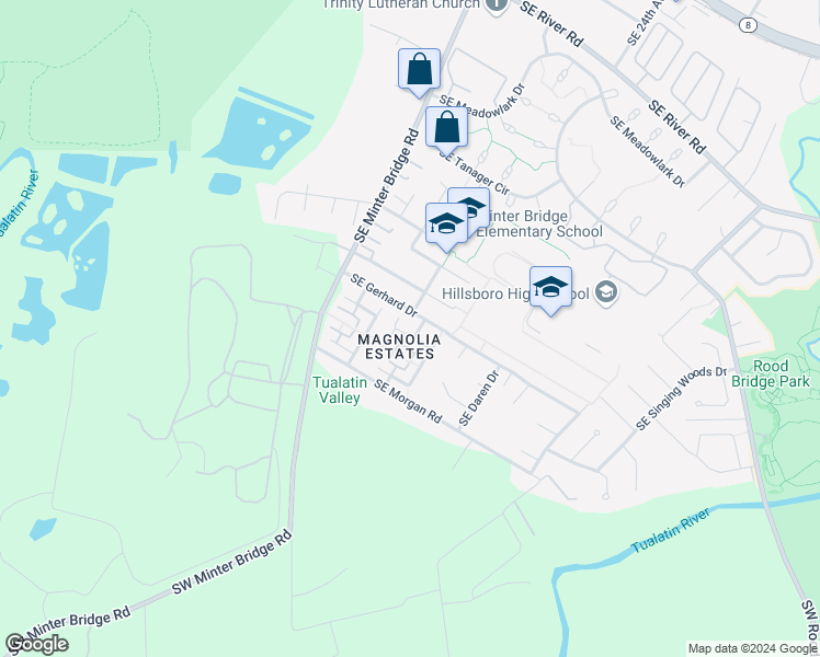 map of restaurants, bars, coffee shops, grocery stores, and more near 1710 Southeast Gerhard Drive in Hillsboro