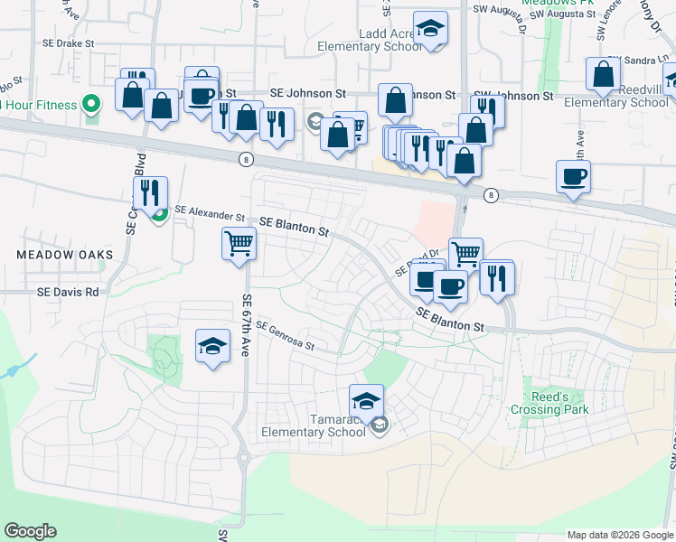 map of restaurants, bars, coffee shops, grocery stores, and more near 3477 Southeast Salmonfly Lane in Hillsboro