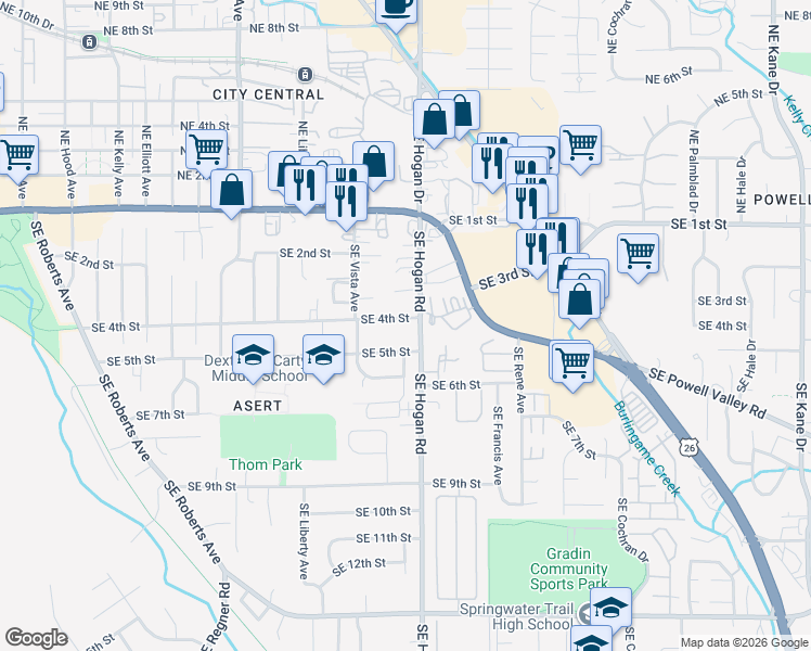 map of restaurants, bars, coffee shops, grocery stores, and more near 1700 Southeast 4th Street in Gresham