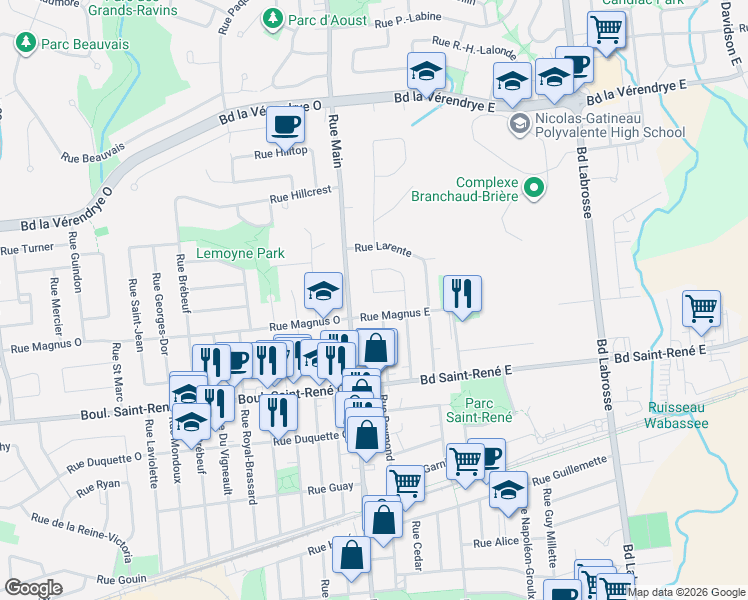 map of restaurants, bars, coffee shops, grocery stores, and more near 548 Rue Mcmillan in Gatineau