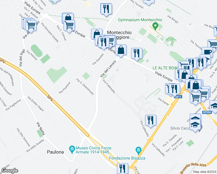 map of restaurants, bars, coffee shops, grocery stores, and more near 28 Via Callesella in Montecchio Maggiore
