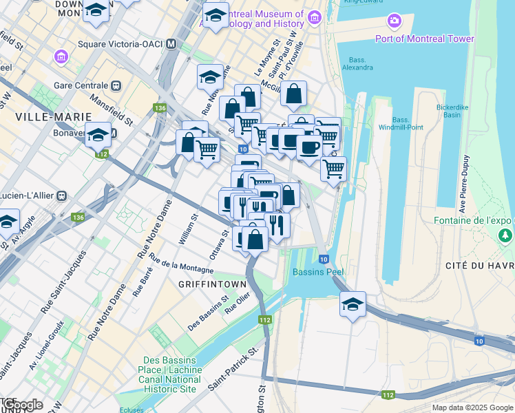 map of restaurants, bars, coffee shops, grocery stores, and more near 150 Rue Ann in Montréal