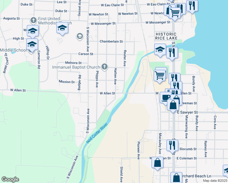 map of restaurants, bars, coffee shops, grocery stores, and more near 403 West Allen Street in Rice Lake