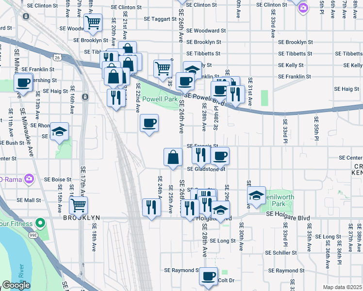 map of restaurants, bars, coffee shops, grocery stores, and more near 3841 Southeast 26th Avenue in Portland