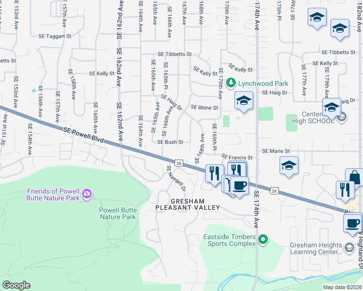 map of restaurants, bars, coffee shops, grocery stores, and more near 16680 Southeast Bush Street in Portland