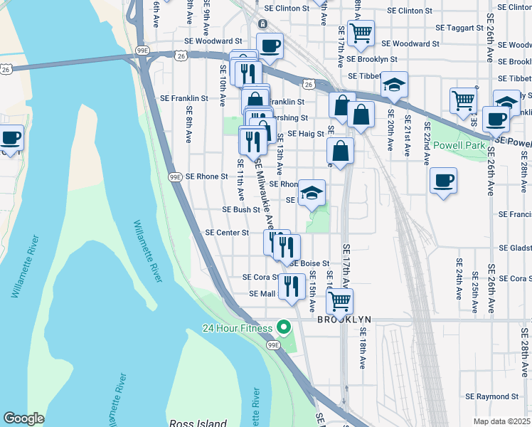 map of restaurants, bars, coffee shops, grocery stores, and more near 3833 Southeast Milwaukie Avenue in Portland