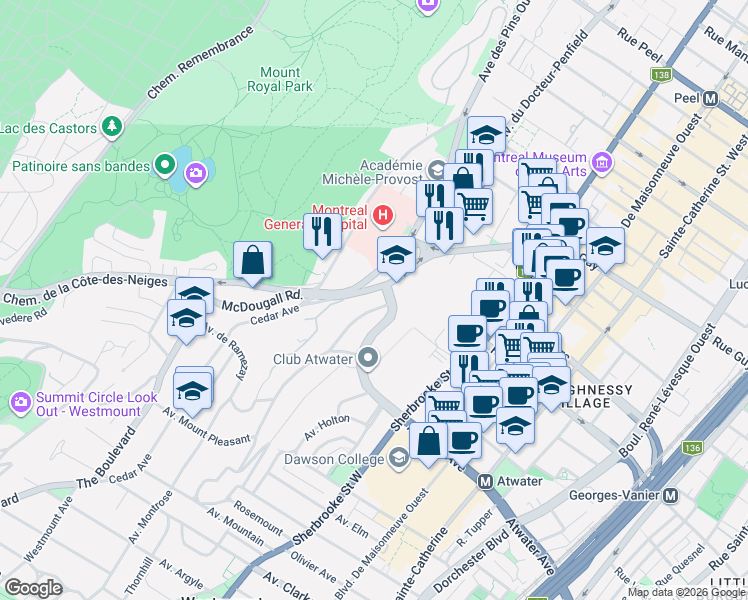 map of restaurants, bars, coffee shops, grocery stores, and more near in Montréal