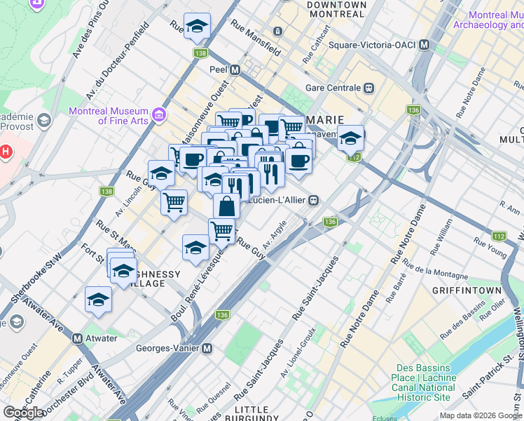 map of restaurants, bars, coffee shops, grocery stores, and more near 1423 Avenue Overdale in Montreal