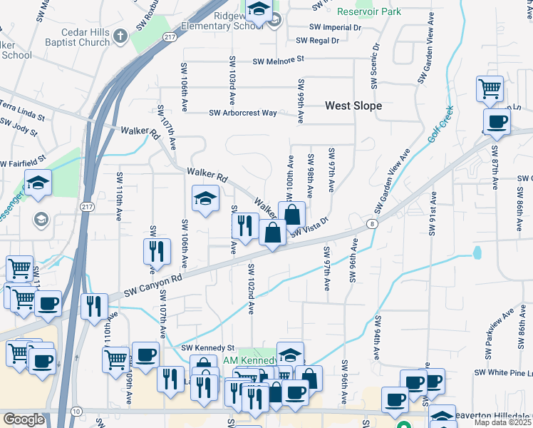 map of restaurants, bars, coffee shops, grocery stores, and more near 10084 Walker Road in Beaverton