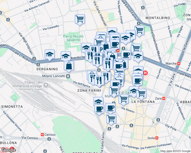map of restaurants, bars, coffee shops, grocery stores, and more near 12 Via Bernina in Milano