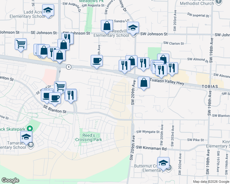 map of restaurants, bars, coffee shops, grocery stores, and more near 21150 Southwest Tualatin Valley Highway in Beaverton