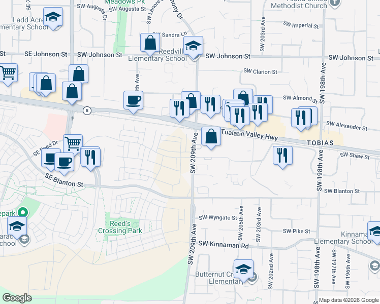 map of restaurants, bars, coffee shops, grocery stores, and more near 3421 Southwest 209th Avenue in Aloha