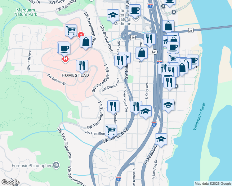 map of restaurants, bars, coffee shops, grocery stores, and more near 46 Southwest Abernethy Street in Portland