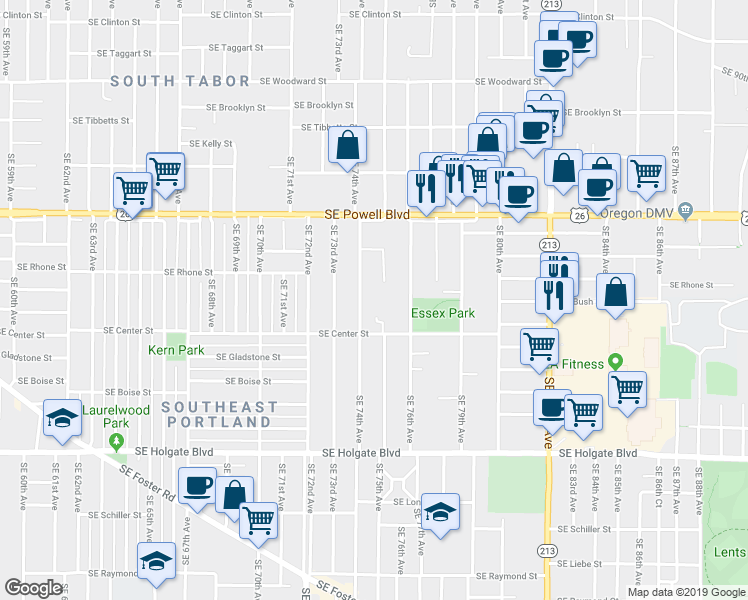 map of restaurants, bars, coffee shops, grocery stores, and more near 3806 Southeast 74th Avenue in Portland