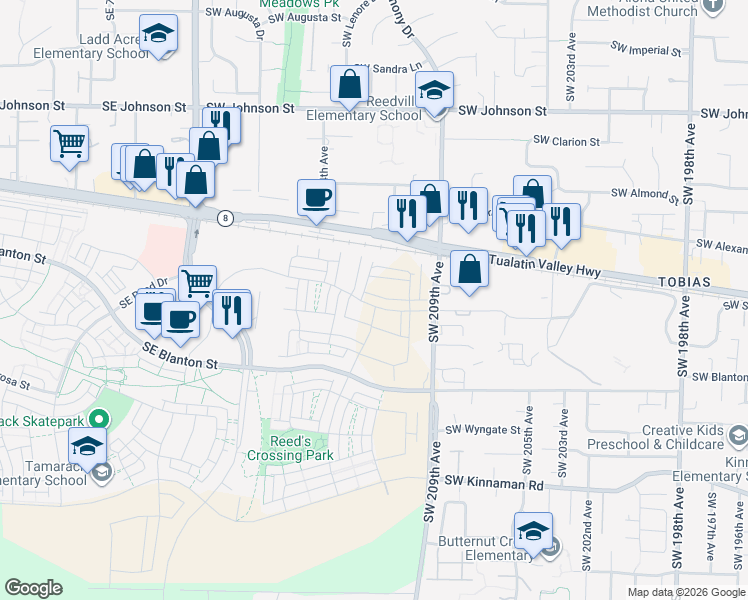 map of restaurants, bars, coffee shops, grocery stores, and more near 8291 Southeast Crescent Drive in Hillsboro