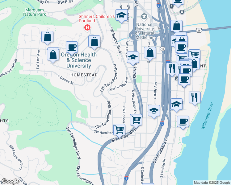 map of restaurants, bars, coffee shops, grocery stores, and more near 3944 Southwest Condor Avenue in Portland