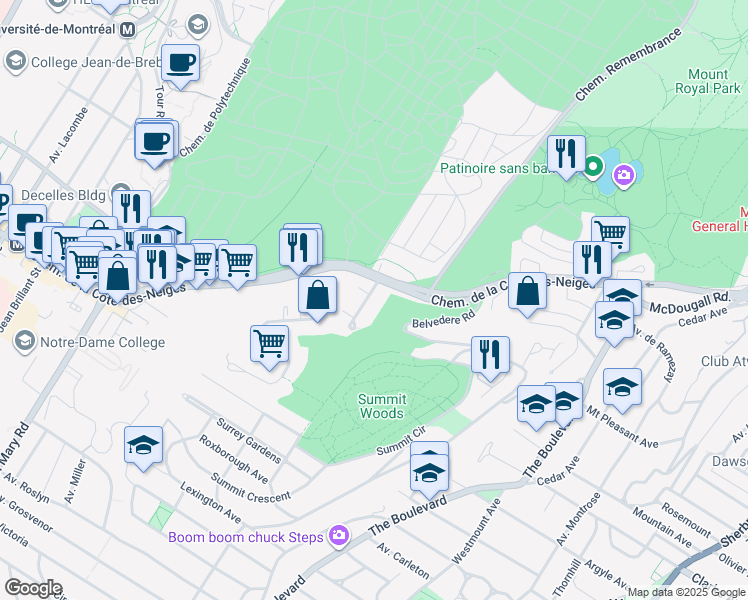 map of restaurants, bars, coffee shops, grocery stores, and more near 3210 Avenue Forest Hill in Montréal