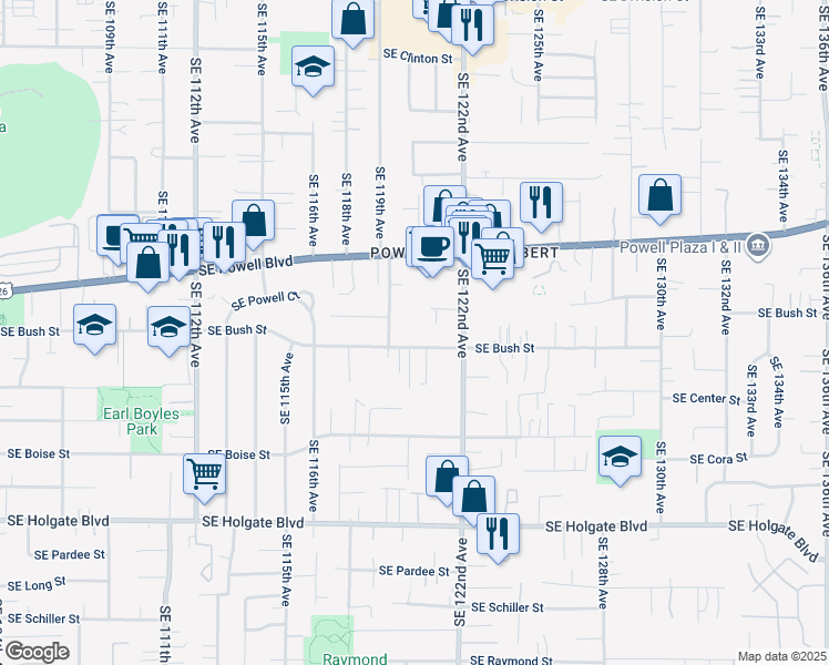 map of restaurants, bars, coffee shops, grocery stores, and more near 12011 Southeast Bush Street in Portland