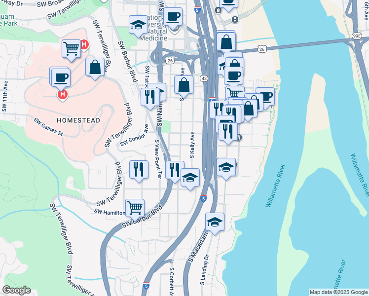 map of restaurants, bars, coffee shops, grocery stores, and more near in Portland
