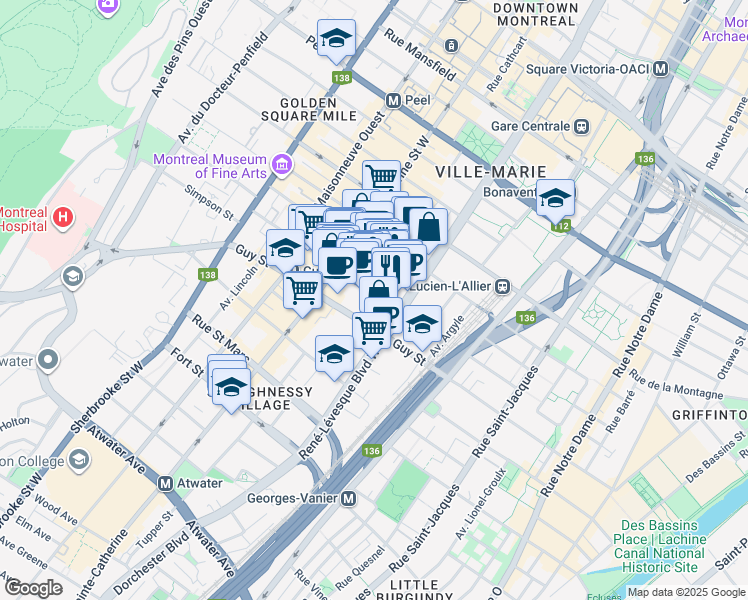 map of restaurants, bars, coffee shops, grocery stores, and more near in Montreal