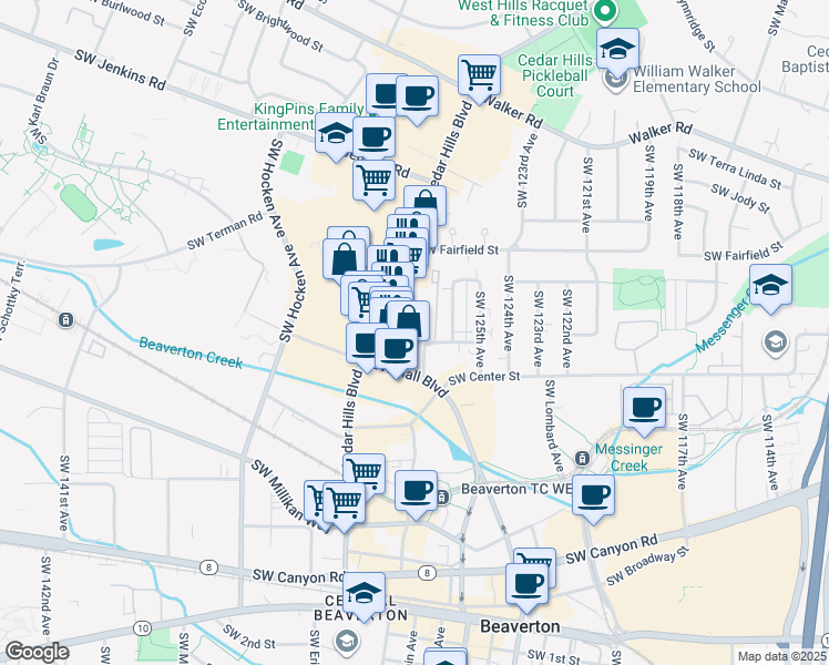 map of restaurants, bars, coffee shops, grocery stores, and more near 3390 Southwest Cedar Hills Boulevard in Beaverton