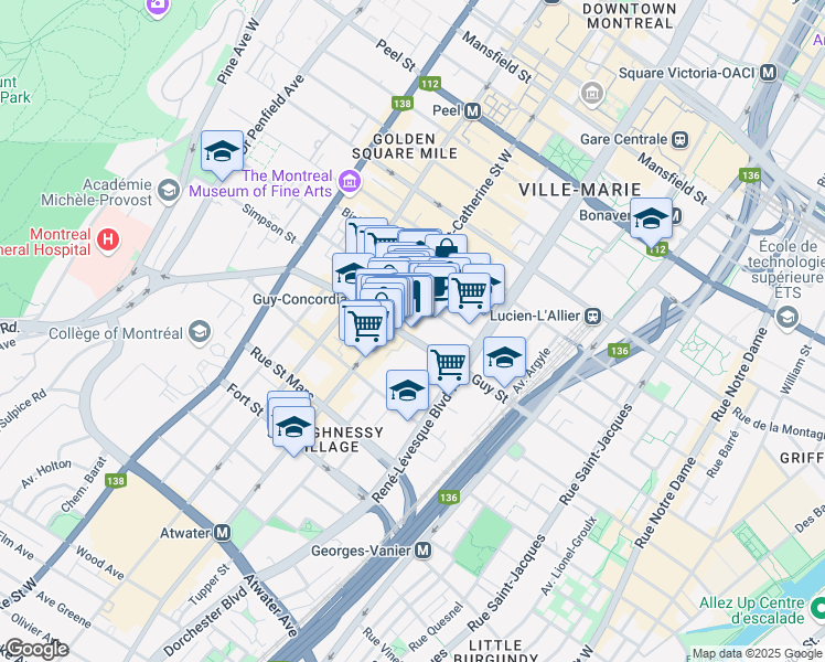 map of restaurants, bars, coffee shops, grocery stores, and more near 1241 Rue Guy in Montréal