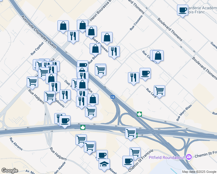 map of restaurants, bars, coffee shops, grocery stores, and more near 2575 Boulevard Pitfield in Montreal
