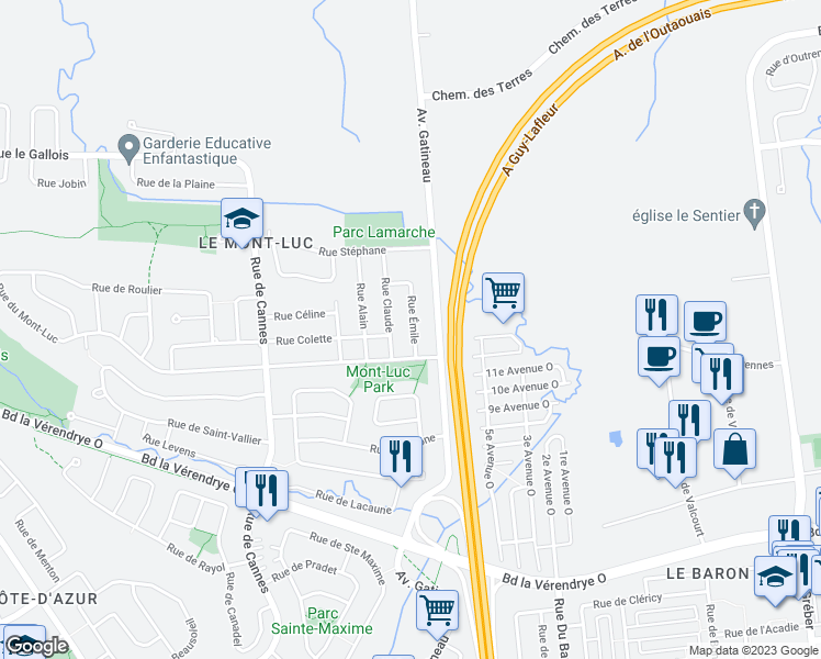 map of restaurants, bars, coffee shops, grocery stores, and more near 7A Rue Émile in Gatineau