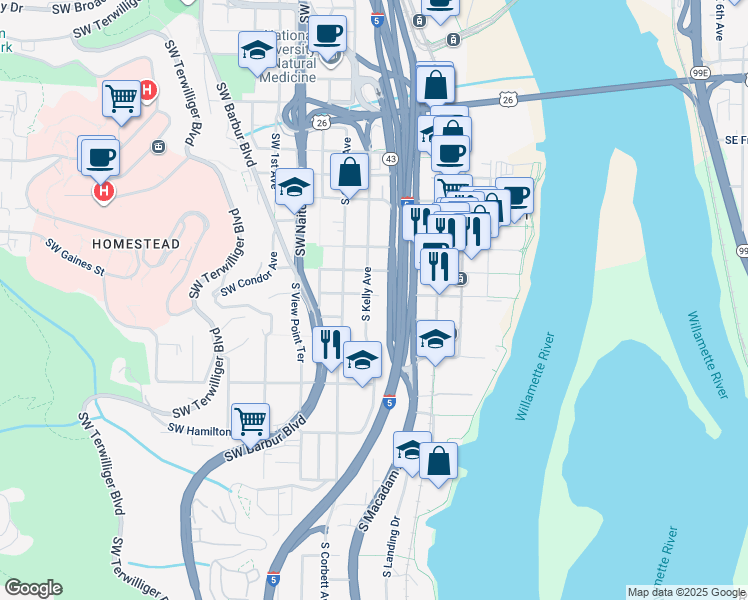 map of restaurants, bars, coffee shops, grocery stores, and more near 324 Southwest Abernethy Street in Portland