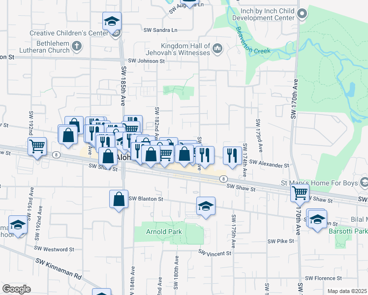 map of restaurants, bars, coffee shops, grocery stores, and more near 17935 Southwest Alexander Street in Aloha