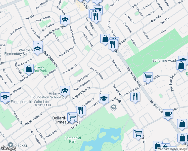 map of restaurants, bars, coffee shops, grocery stores, and more near 121 Rue Woodlawn in Dollard-des-Ormeaux