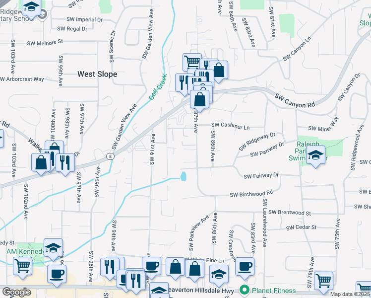 map of restaurants, bars, coffee shops, grocery stores, and more near 3471 Southwest 87th Avenue in Portland