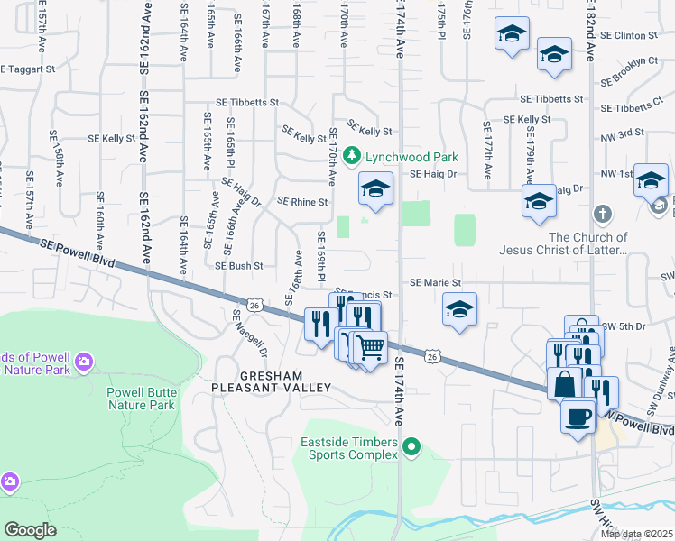map of restaurants, bars, coffee shops, grocery stores, and more near 17035 Southeast Bush Street in Portland