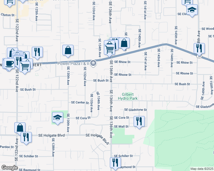 map of restaurants, bars, coffee shops, grocery stores, and more near 13436 Southeast Bush Street in Portland