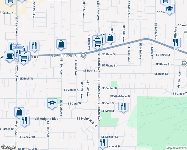 map of restaurants, bars, coffee shops, grocery stores, and more near 13510 Southeast Bush Street in Portland