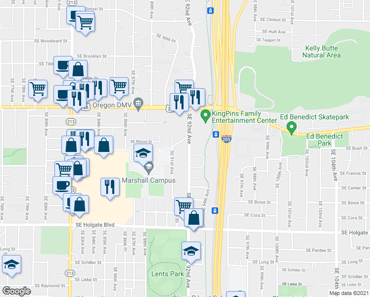 map of restaurants, bars, coffee shops, grocery stores, and more near 3720 Southeast 91st Avenue in Portland