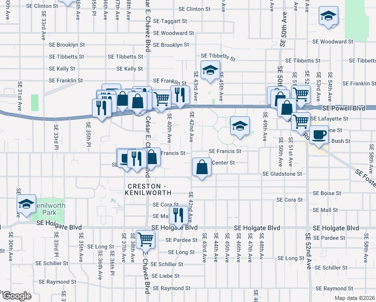 map of restaurants, bars, coffee shops, grocery stores, and more near 3845 Southeast 42nd Avenue in Portland