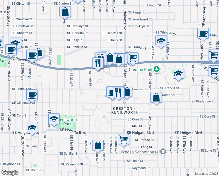 map of restaurants, bars, coffee shops, grocery stores, and more near 3661 Southeast Francis Street in Portland